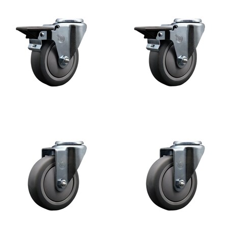 Service Caster 4'' Thermo Rubber Wheel Swivel Bolt Hole Caster Set with 2 Posi Lock Brakes, 4PK SCC-BH20S414-TPRB-PLB-2-S-2